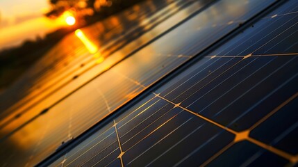 Poster - Photo collage of sunset and solar panel photovoltaic alternative electricity source  concept of sustainable resources : Generative AI