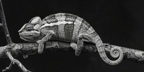 Wall Mural - A chameleon perched on a tree branch in black and white photography