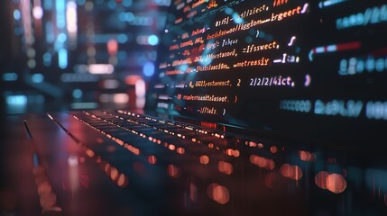 Leinwandbilder - close up computer engineering writing programming code in database on laptop keyboard to protect and blocking spam email from internet and hacker for smart technology concept : Generative AI