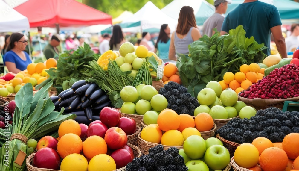 A bustling farmers market stall filled with an abundance of fresh ...