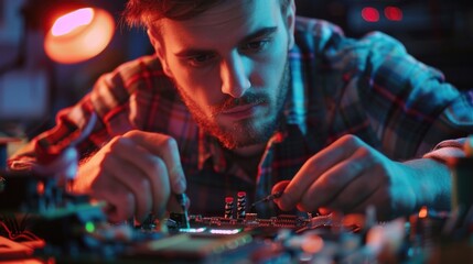 Poster - A person assembling electronic components on a circuit board