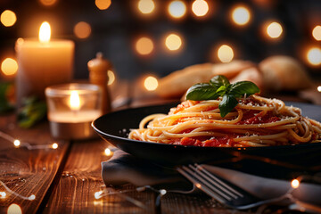 Wall Mural - a plate of spaghetti with sauce and basil on it