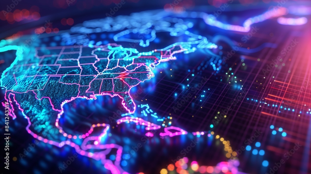 Neon Digital Map of North America Highlighting Global Technology ...