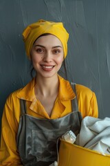 A woman wearing a bright yellow turban holds a small yellow bucket, possibly for collecting or carrying something