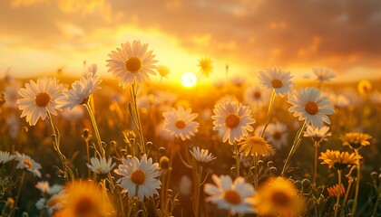 Sticker - Beautiful summer morning with yellow white flowers daisies, clovers, and dandelions in grass against of dawn. Ultra-wide panoramic landscape, banner format, natural background, dew drops on grass.