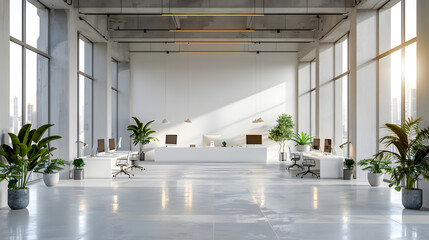 Corner of modern Industrial style open space office with white walls, concrete floor