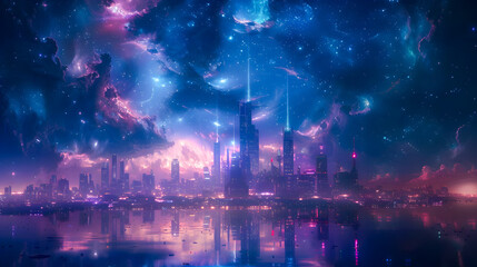 Wall Mural - Illustration of a modern futuristic smart city concept with abstract bright lights against a blue background