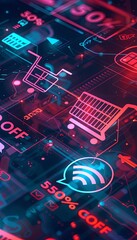Poster - An abstract background of glowing digital shopping carts, product icons, and a bold 50% OFF text. Generative AI