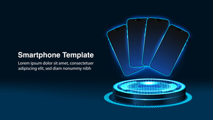 Poster - Futuristic 3D Neon Light Podium Mockup for Mobile Phones and Apps - Glowing Effect Technology Pedestal Mockup for Products, Apps and UI Banners. Vector