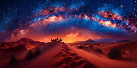 Wall Mural - Desert landscape under the starry sky, with camels and people riding across sand dunes