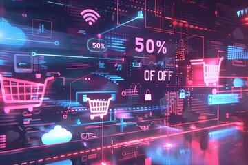 Leinwandbilder - An abstract background with digital shopping carts, product icons, and 50% off text. Generative AI