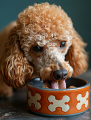 Curly-haired poodle eating from a decorative dog bowl.