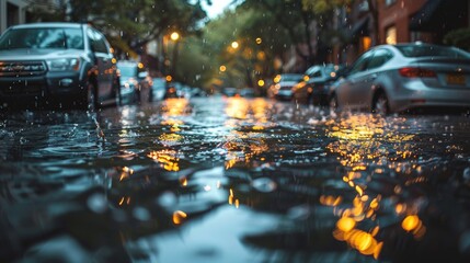 Wall Mural - Flooded city streets after heavy rainfall. Extreme weather background. 