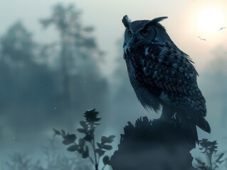 owl silhouette with foggy forest