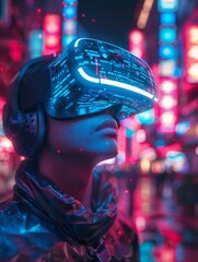 Guy with virtual reality headset, VR future tech banner