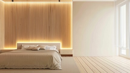 Wall Mural - A cozy minimalist bedroom featuring a wooden slatted wall with warm lighting, a bed with beige bedding, and a large window.