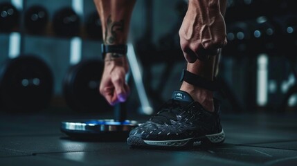 Closeup of an athletes feet in a gym setting, adjusting fitness equipment before starting a workout.