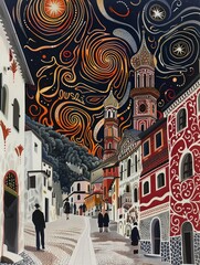 Wall Mural - Small magical town, watercolor painting