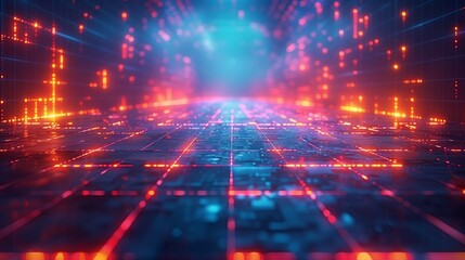 Poster - A futuristic grid pattern with glowing red and orange lines on a dark blue background.