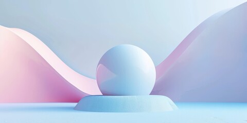 Wall Mural - A smooth sphere on a platform with flowing pastel shapes in the background.