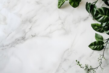 Wall Mural - White Marble Background with Green Leaves