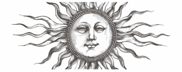 Hand drawn sun with face, decor element. Astrology symbol in vintage engraving style isolated on white background. vector simple illustration