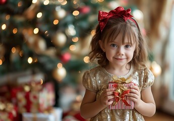 A young girl with a red bow holding a Christmas gift, standing in front of a decorated Christmas tree with lights and ornaments.