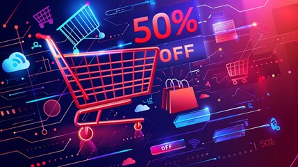 Aufkleber - Abstract background depicting an online sale with a digital shopping cart, product icons, and 50% OFF text. Generative AI