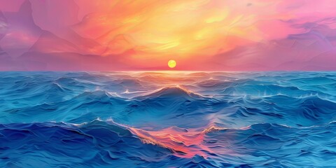 abstract background with blue undulating sea under a bright colored sunset sky