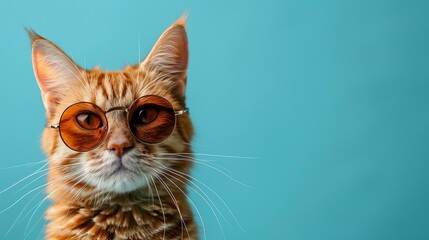 Portrait of cute ginger cat with sunglasses isolated on light blue background, summer concept banner design Cute pet wearing glasses and posing to camera, copy space for text,