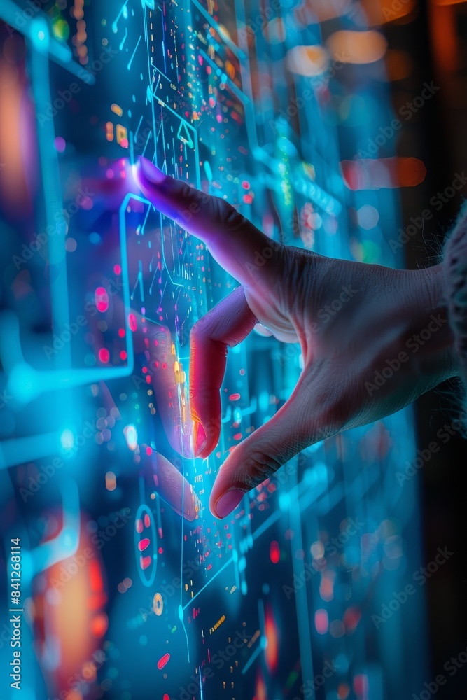 A close-up of a person's hand using a futuristic touchscreen interface ...