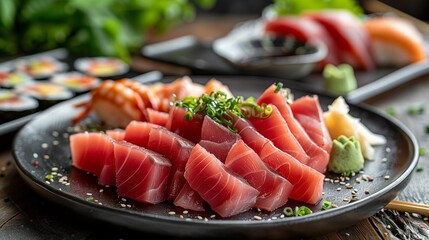 Wall Mural - sashimi of tuna on a dark plate