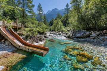 a wooden slide leading into a crystal-clear river, with a backdrop of a forest and mountains