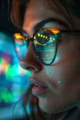 Wall Mural - a young girl hacker developer coder wears eyeglasses reflecting codes, numbers and data, working on computer , close up on glasses, cyber security concept dark background