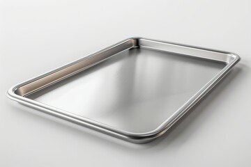 High-quality metal baking tray on a white surface, perfect for cooking or baking. It is a sleek and clean kitchen utensil, ideal for home or professional use. Created as a conceptual and functional