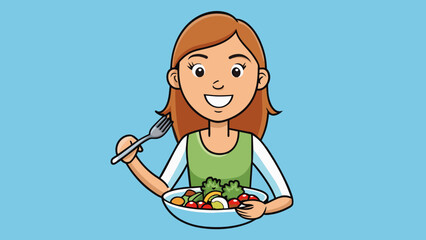 happy woman eating salad vector illustration