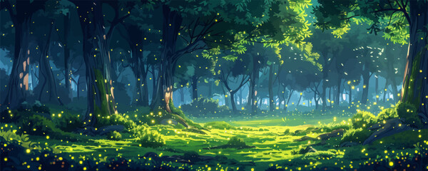 A magical forest bathed in the soft glow of fireflies, with towering trees and a carpet of moss underfoot. Vector flat minimalistic isolated illustration.