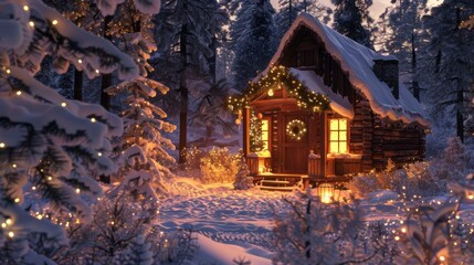 Canvas Print - A small cabin in the middle of a snowy forest