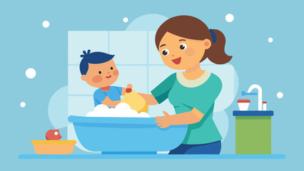 Wall Mural - happy mother washes her baby vector illustration