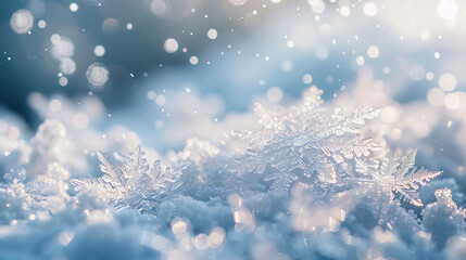 Wall Mural - A close-up view of snowflakes, intricate ice crystals in sharp focus, delicate glistening ice formations, blurred snowy background