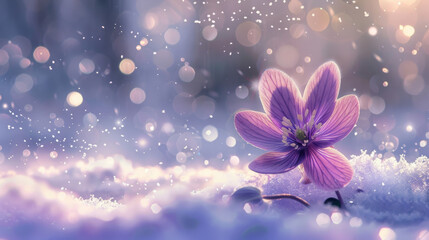 Wall Mural - a single purple hepatica flower, elegant petals, emerging from a snowy ground