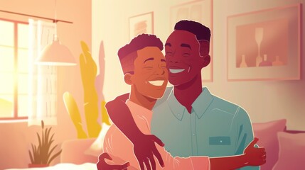 Wall Mural - Cheerful African American man hugs his grown father and looks at the camera at home. Vector illustration