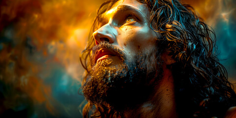 Wall Mural - Hyper realistic beautiful photo of Jesus Christ under abstract divine lights in a blurred background
