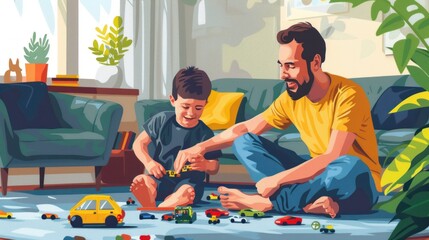 Happy father and son playing with toy cars at home