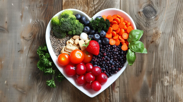 A heart-shaped bowl filled with colorful, fresh foods such as fruits, vegetables and whole grains. This energetic composition is a tribute to a healthy lifestyle.