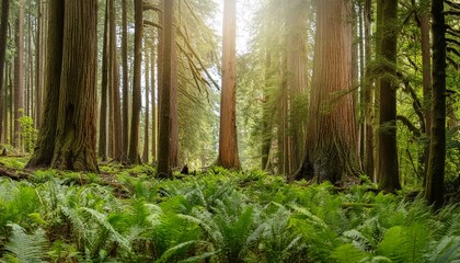 Dense, lush green forest in the middle of summer. Tall trees with thick trunks