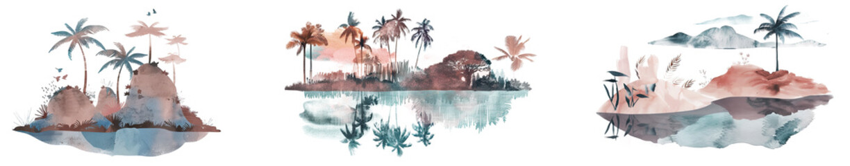 Wall Mural - Set of watercolor painting tropical island minimal landscape elements design, isolated on white background, png