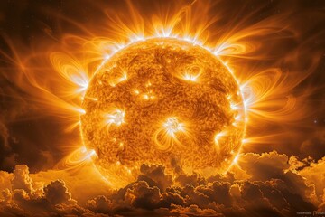 Wall Mural - A close up of a sun with a lot of fire coming out of it