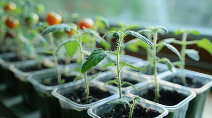 Wall Mural - Close up of young tomato plants in plastic pots Tiny tomato seedlings growing indoors Cultivating veggies on a windowsill