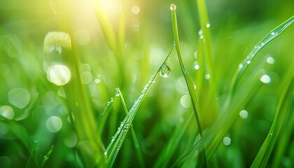 Poster - Transparent droplets of dew in grass on summer morning sparkle in sunlight in nature, fresh grass with water drops, soft focus, blurred light green background, macro, morning dew on grass, sparkling